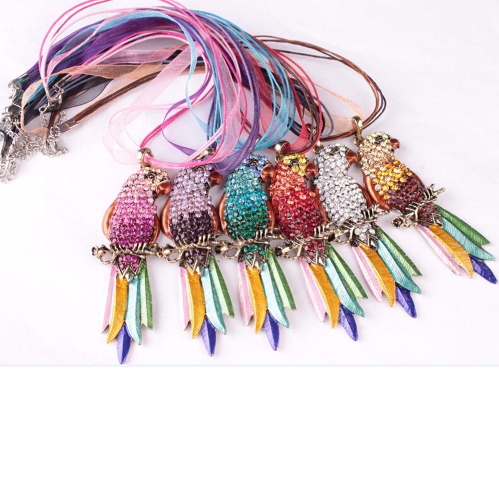 Generic Boho Ribbon Colorful Parrot Feather Rhinestone Lady Sweater Statement Necklace