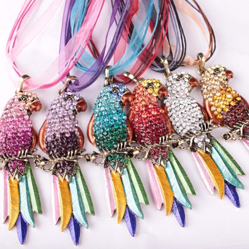Generic Boho Ribbon Colorful Parrot Feather Rhinestone Lady Sweater Statement Necklace