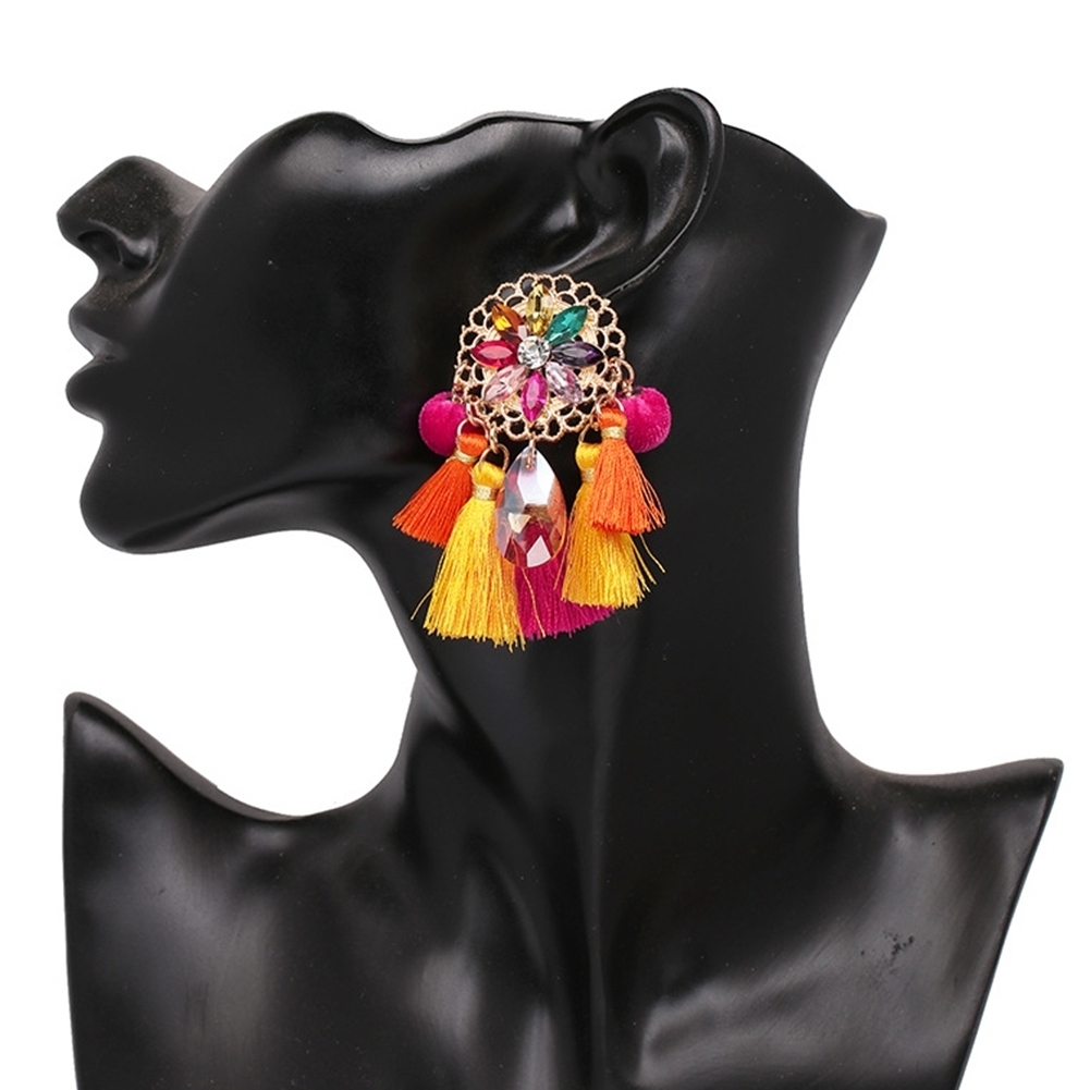 Generic Boho Women Rhinestone Tassel Pompom Dangle Stud Earrings Long Statement Jewelry