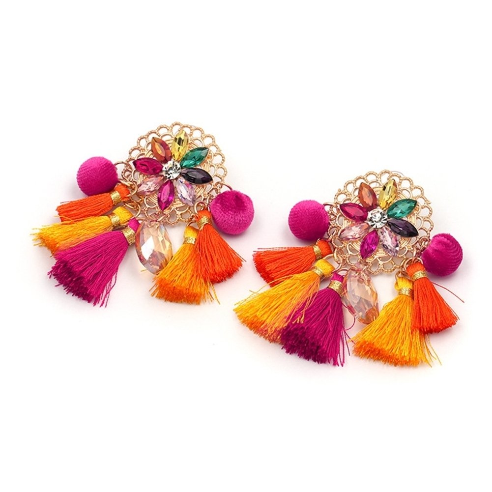 Generic Boho Women Rhinestone Tassel Pompom Dangle Stud Earrings Long Statement Jewelry