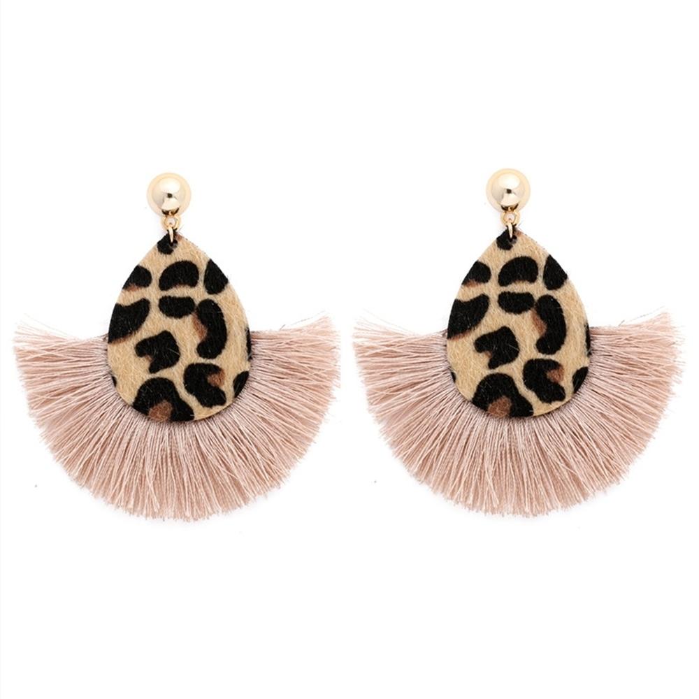 Generic Fashion Women Leopard Fan Tassel Long Drop Stud Earrings Statement Jewelry Gift