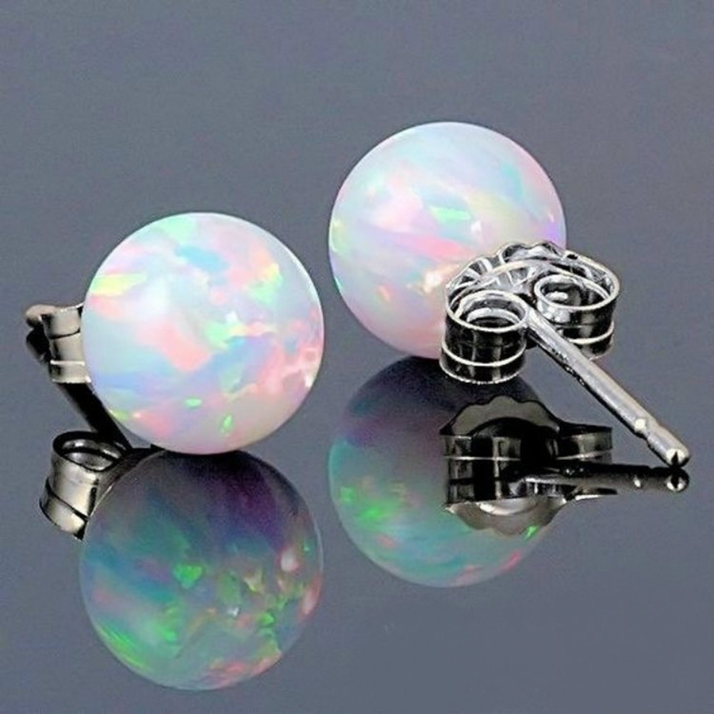 Generic Women Round Faux Opal Beads Ear Stud Earrings Wedding Engagement Jewelry Gift