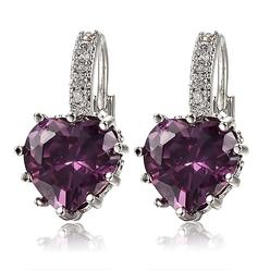Generic Women Elegant Purple Heart Shape Rhinestone Gold Plated Leverback Hoop Earrings