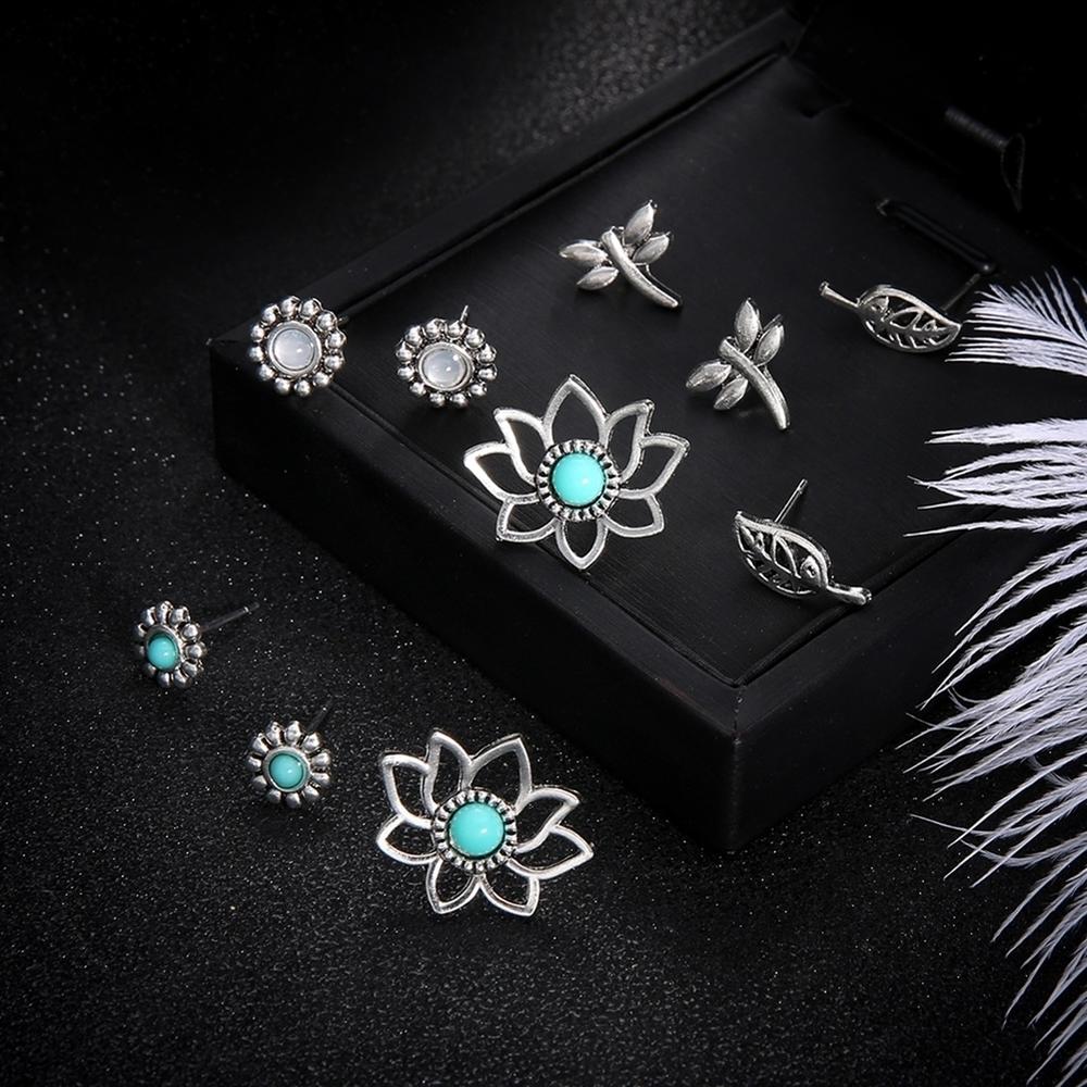 Generic 5Pairs Ear Studs Set Dragonfly Hollow Leaf Flower Girls Date Party Earrings
