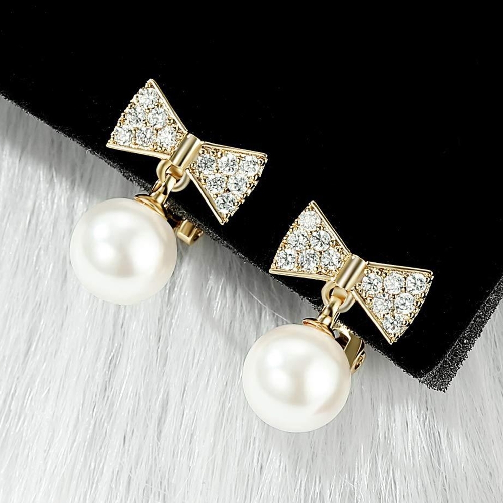 Generic Fashion Bowknot Shape Rhinestone Faux Pearl Inlaid Ear Clips Women Earrings