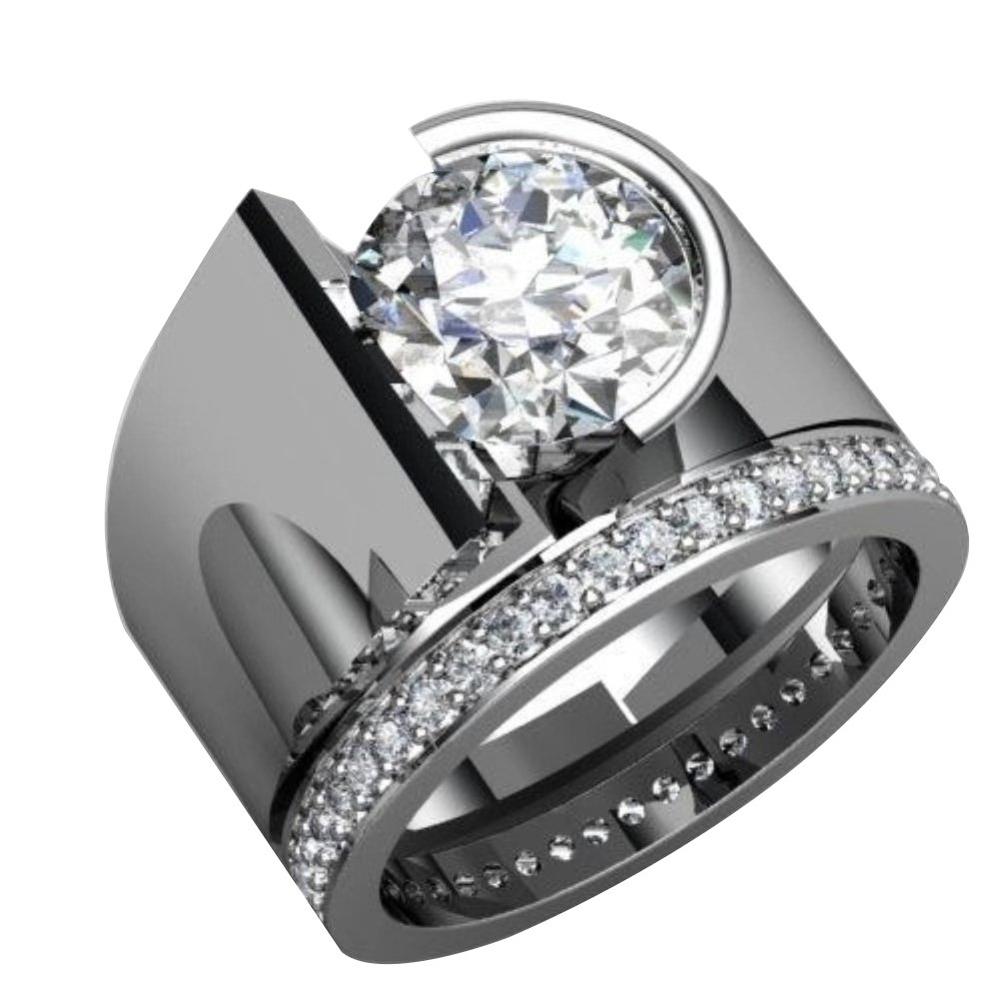 Generic Luxury Women Round Rhinestone Inlaid Wide Band Geometric Ring Party Jewelry Gift