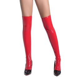 Generic 1 Pair Women Stockings Glossy Faux Leather Soft Elastic Anti-slip Breathable Solid Color Over Knee