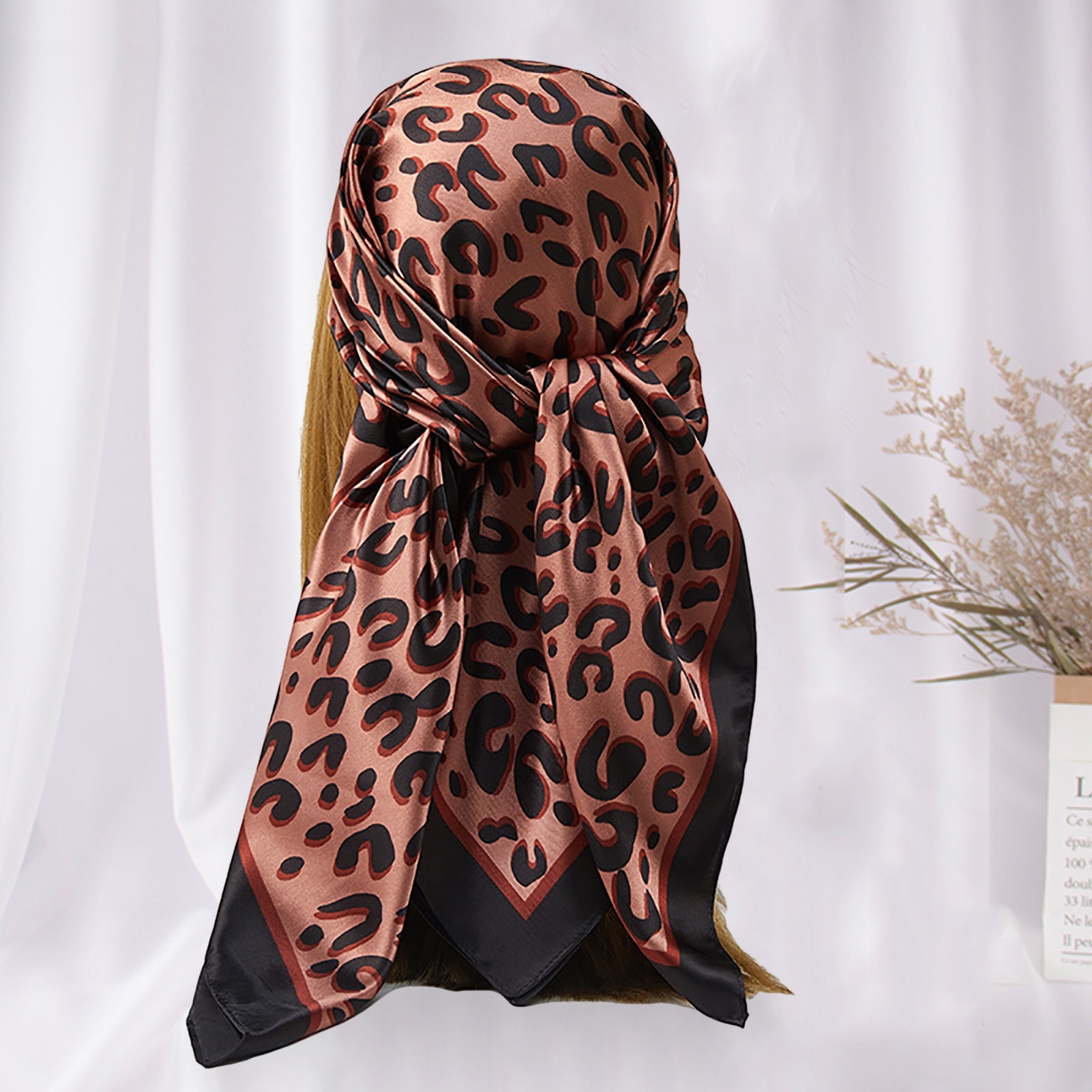 Generic Women Scarf Square Leopard Print Soft Fabric Breathable Silky Sunscreen Four Seasons Ladies Casual Head Wrap Shawl