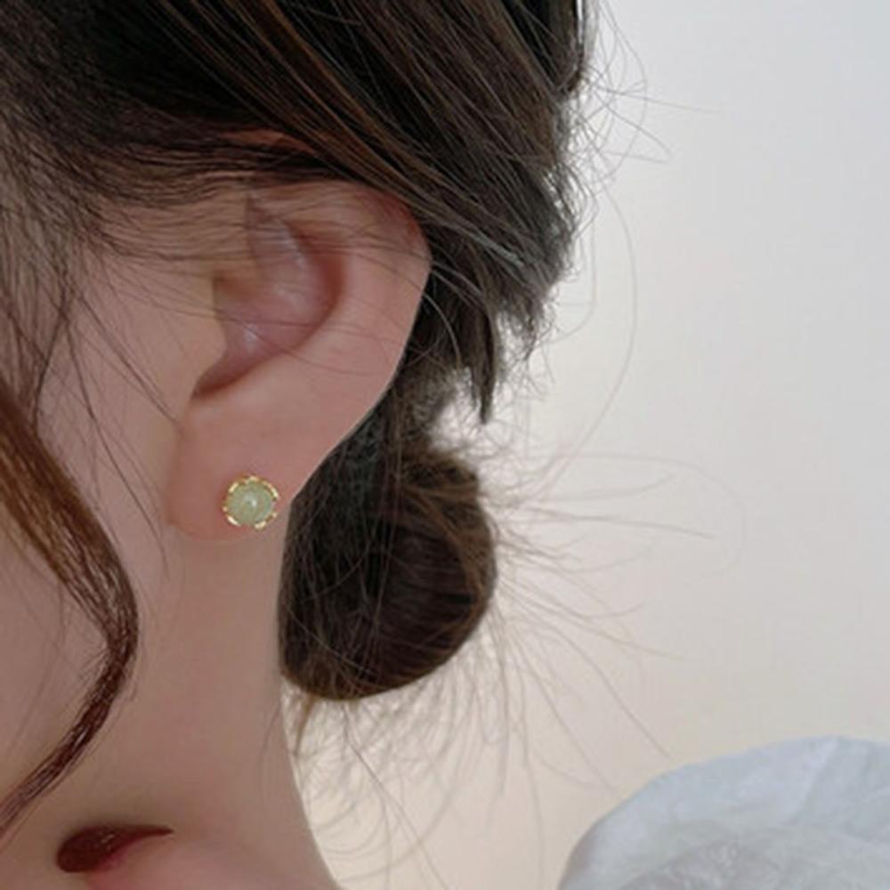 Generic 1 Pair Ear Studs Shiny Imitation Jade Inlay Ear Decoration Fashion Jewelry Piercing Studs Earring  Women Jewelry Gift