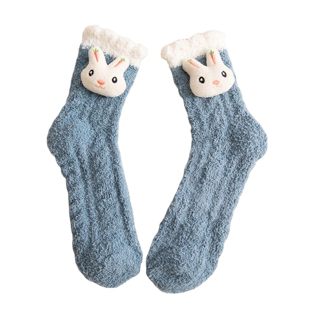 Generic 1 Pair Women Floor Socks Cartoon Rabbit Green Tree Coral Fleece Thicken Middle Tube Sleeping Socks for Daily Wear