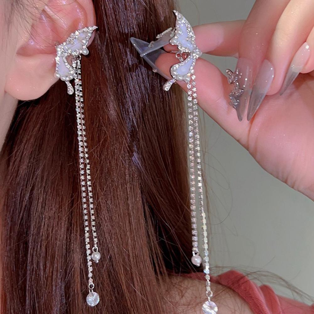 Generic 1 Pair Ear Cuffs Non-Piercing Long Tassels Faux Pearls Elegant Fairy Rhinestone Butterflies Cartilage Clip Earrings
