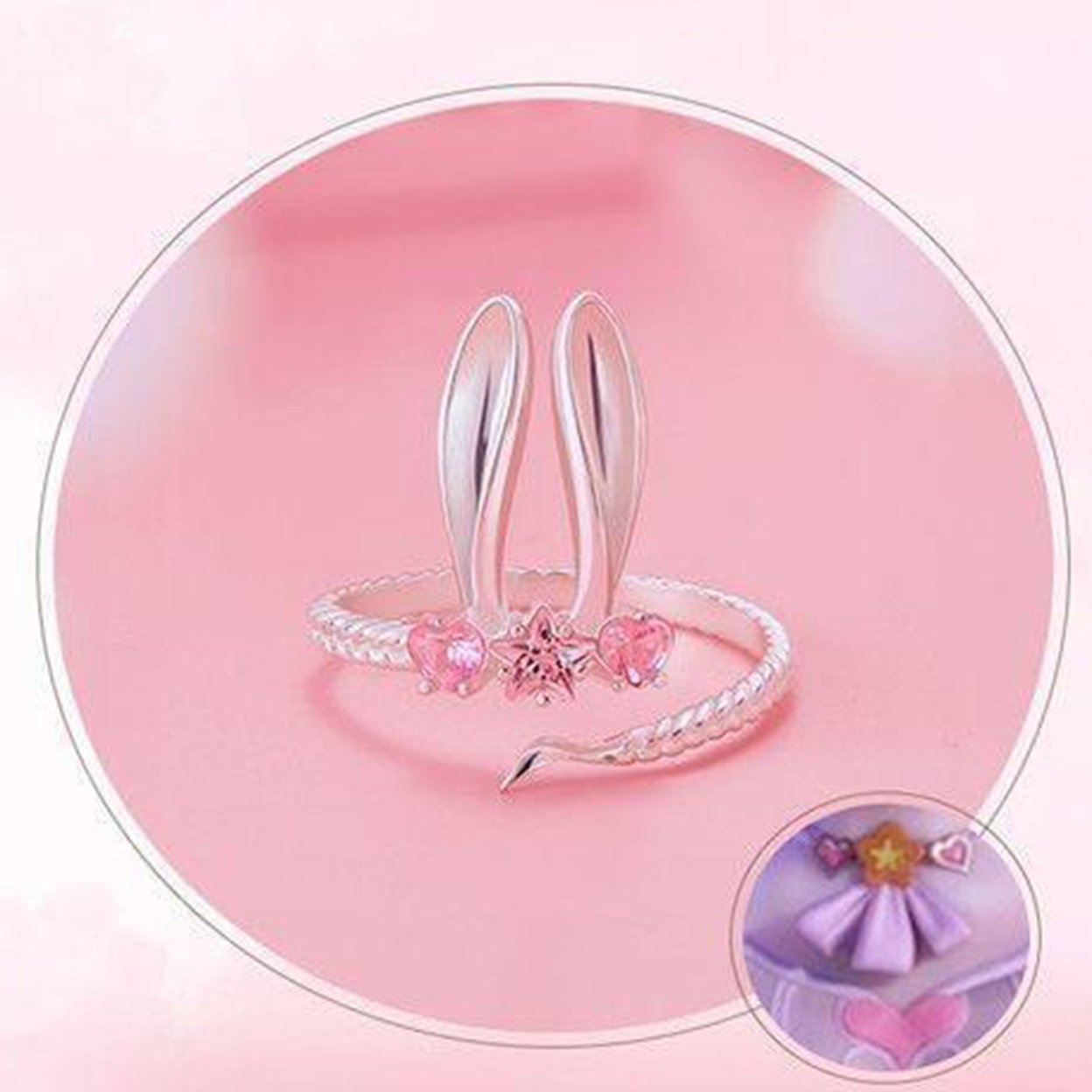 Generic Women Ring Opening Cute Sweet Valentines Day Gift Pink Rhinestone Embedded Rabbit Finger Ring Fashion Jewelry