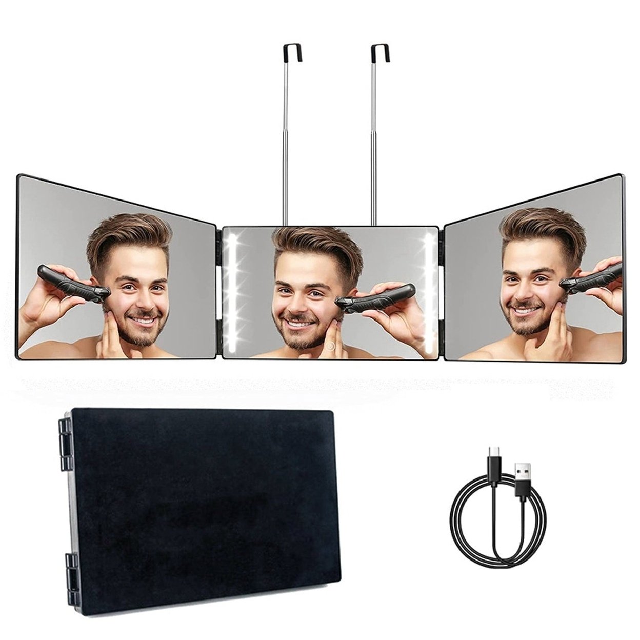 SKUSHOPS 3 Way Mirror with LED Telescopic Hanger Tri fold Mirror Personal Makeup Mirror with Micro USB Cable for Self Shaving Hair