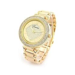 NBL Gold Brushed Bracelet 3D Geneva Crystal Bezel Womens Boyfriend Style Large Watch