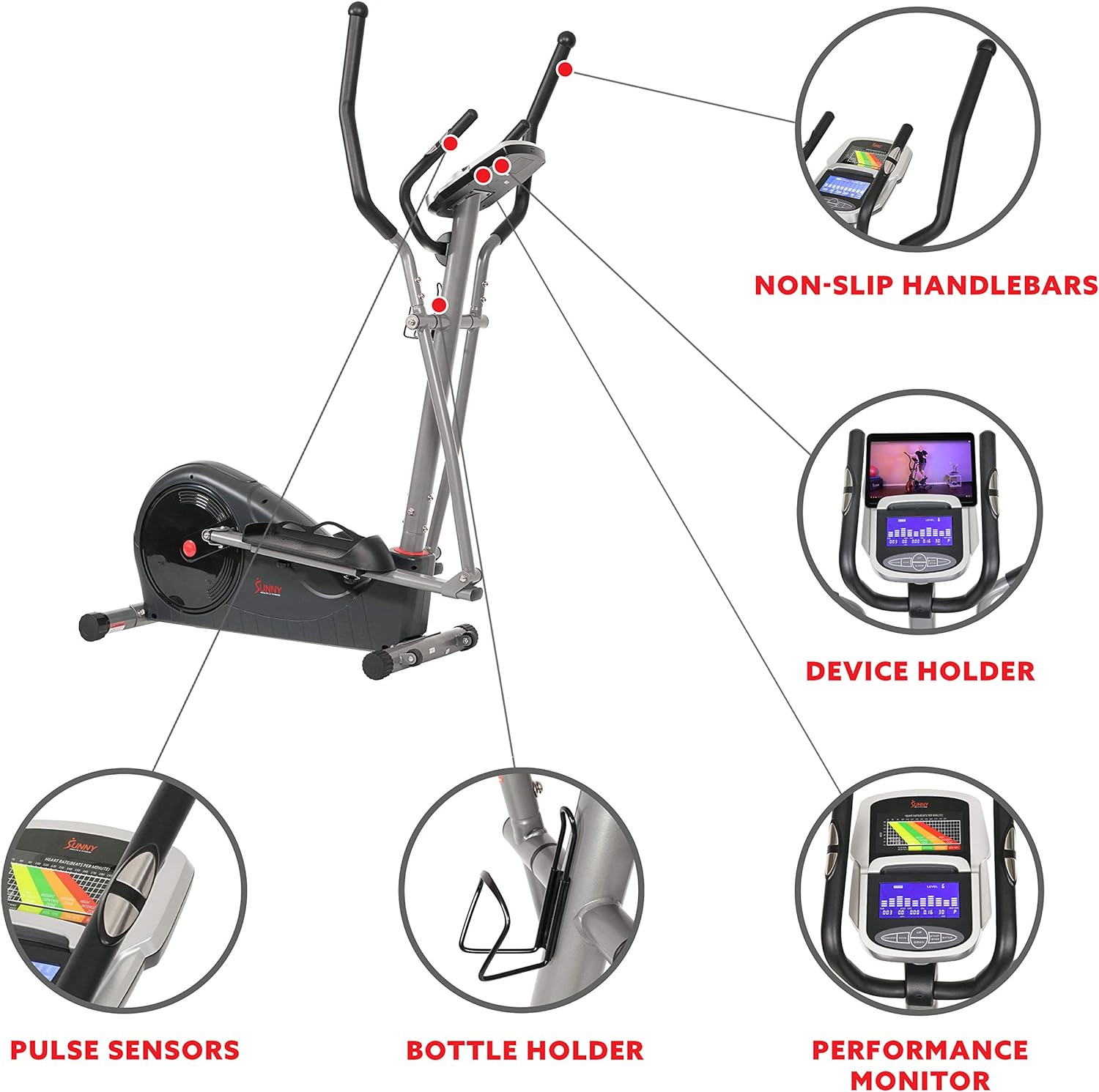 Sunny Health & Fitness Magnetic Elliptical Trainer Machine w/Device Holder, Programmable Monitor and Heart Rate Monitoring,