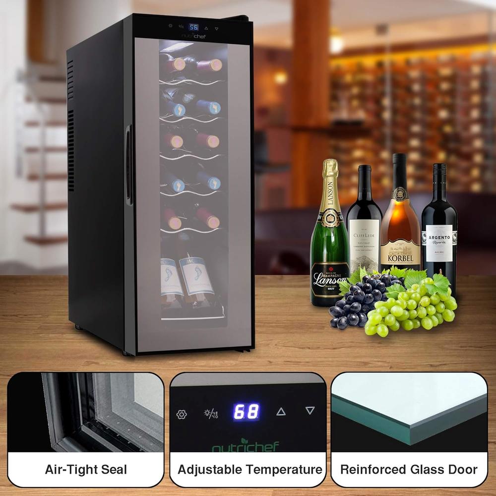 Nutrichef PKCWC120 Refrigerator-White & Red Chiller Countertop Cooler-Freestanding Compact Mini Wine Fridge 12 Bottle Capacity,