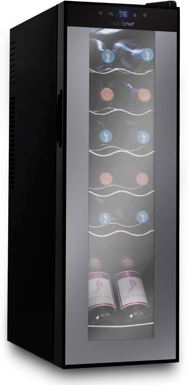 Nutrichef PKCWC120 Refrigerator-White & Red Chiller Countertop Cooler-Freestanding Compact Mini Wine Fridge 12 Bottle Capacity,