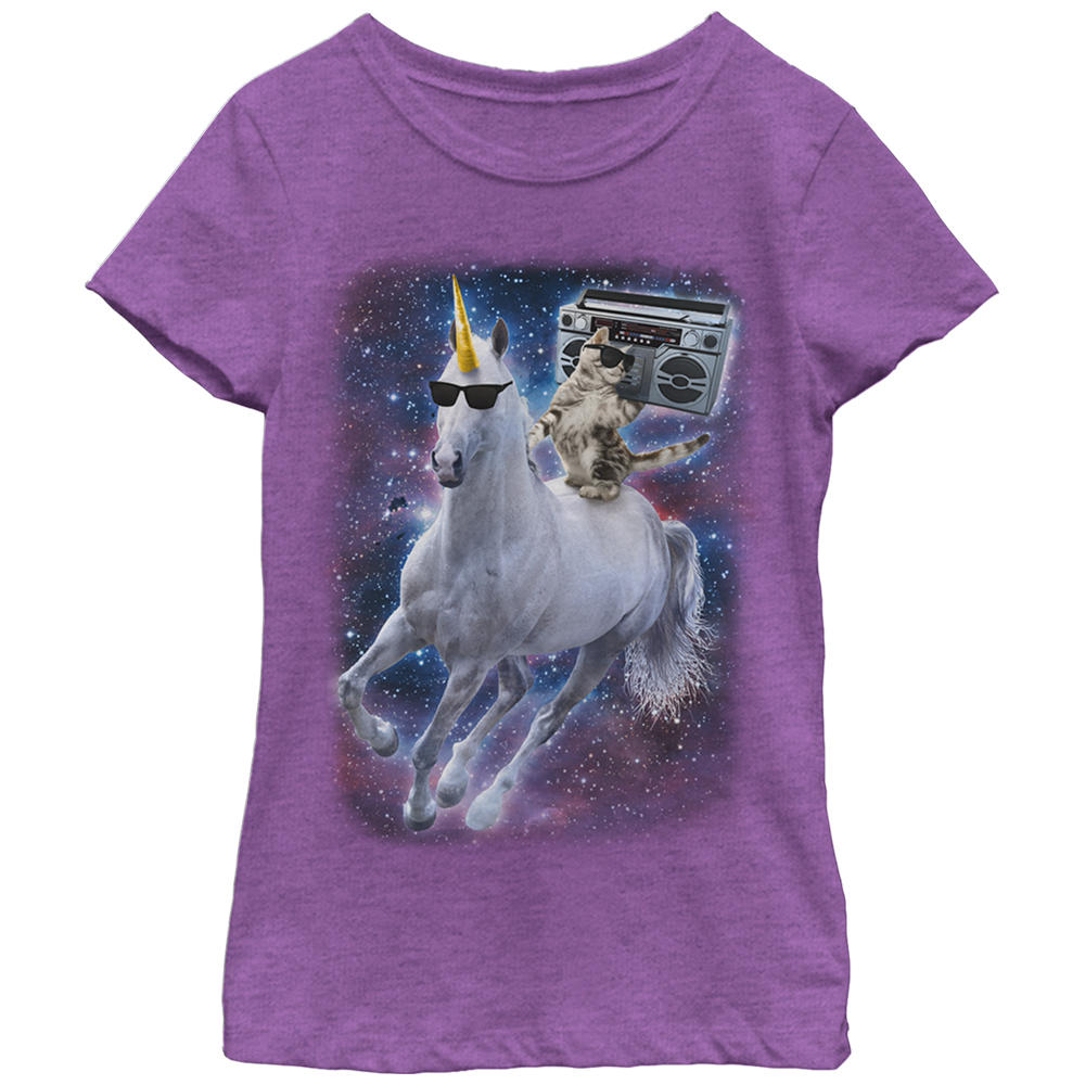 Lost Gods Girl's Lost Gods Boombox Cat and Unicorn Space Song  Graphic T-Shirt