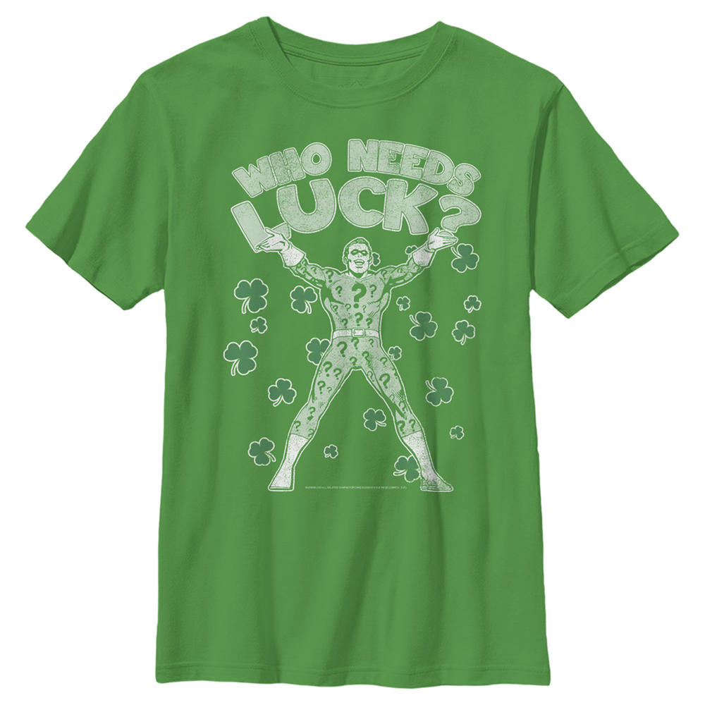 DC Comics Boy's Batman St. Patrick's Day Riddler Who Needs Luck Distressed  Graphic Tee