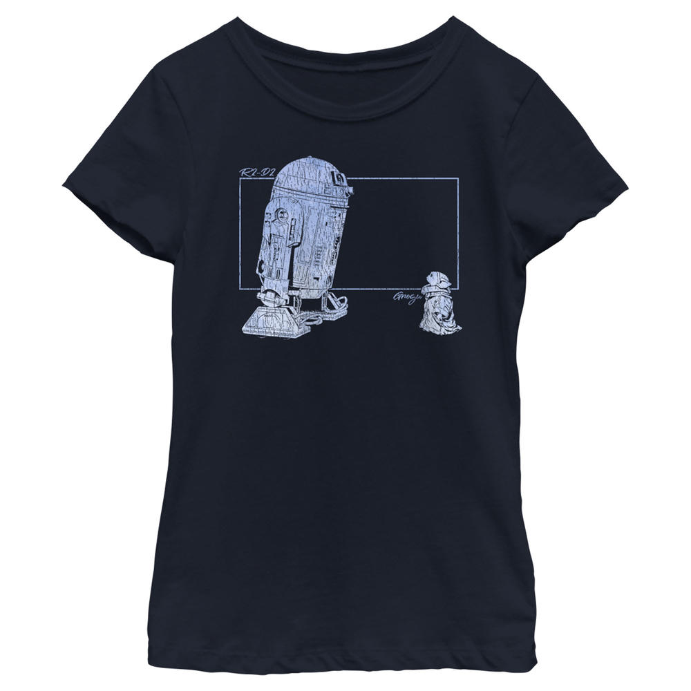 Star Wars Girl's Star Wars: The Mandalorian Distressed R2-D2 and Grogu  Graphic Tee