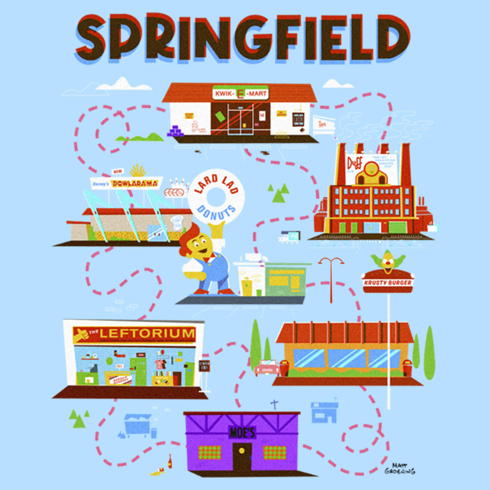 Springfeild Simpson Map the Simpsons Men's The Simpsons Springfield Map of Favorites Graphic T ...