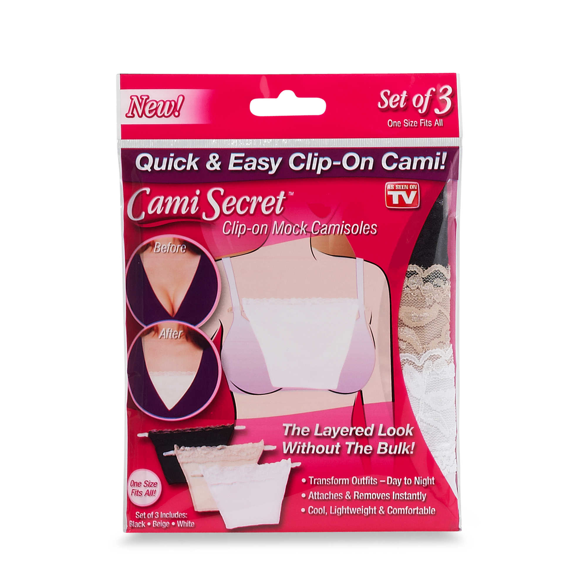 Cami Secret Set of 3 Clip-on Camisole  Black/Beige/White  One Size