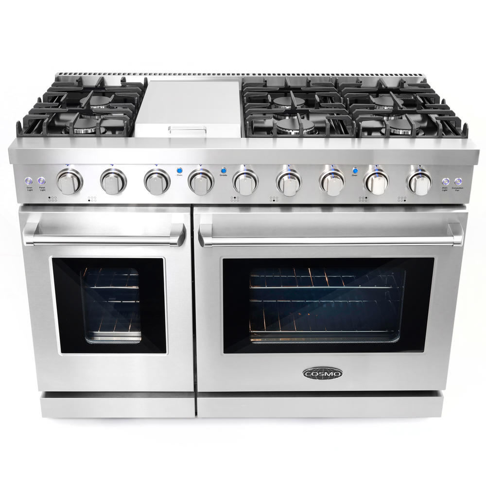 Cosmo 48 in. 6.8 cu. ft. Double Oven Commercial Gas Range with Fan Assist Convection Oven in Stainless Steel Storage Drawer