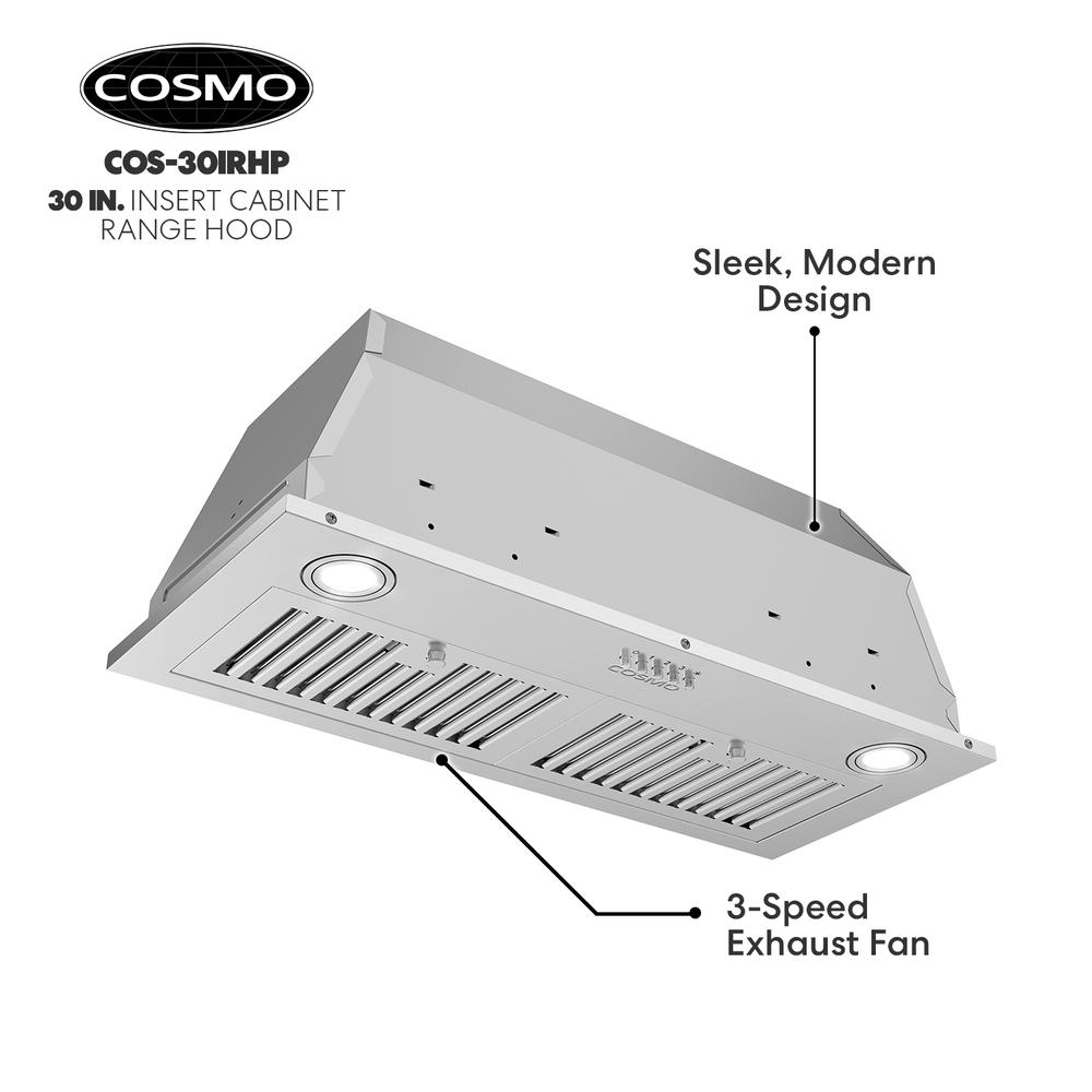 Cosmo 30 in. Insert Range Hood with Push Button Controls, 3-Speed Fan, LED Lights and Permanent Filters in Stainless Steel