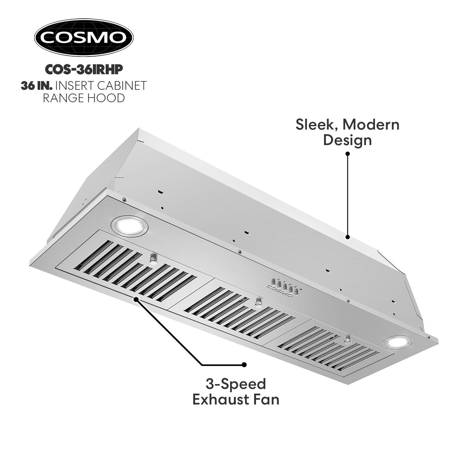 Cosmo 36 in. Insert Range Hood with Push Button Controls, 3-Speed Fan, LED Lights and Permanent Filters in Stainless Steel