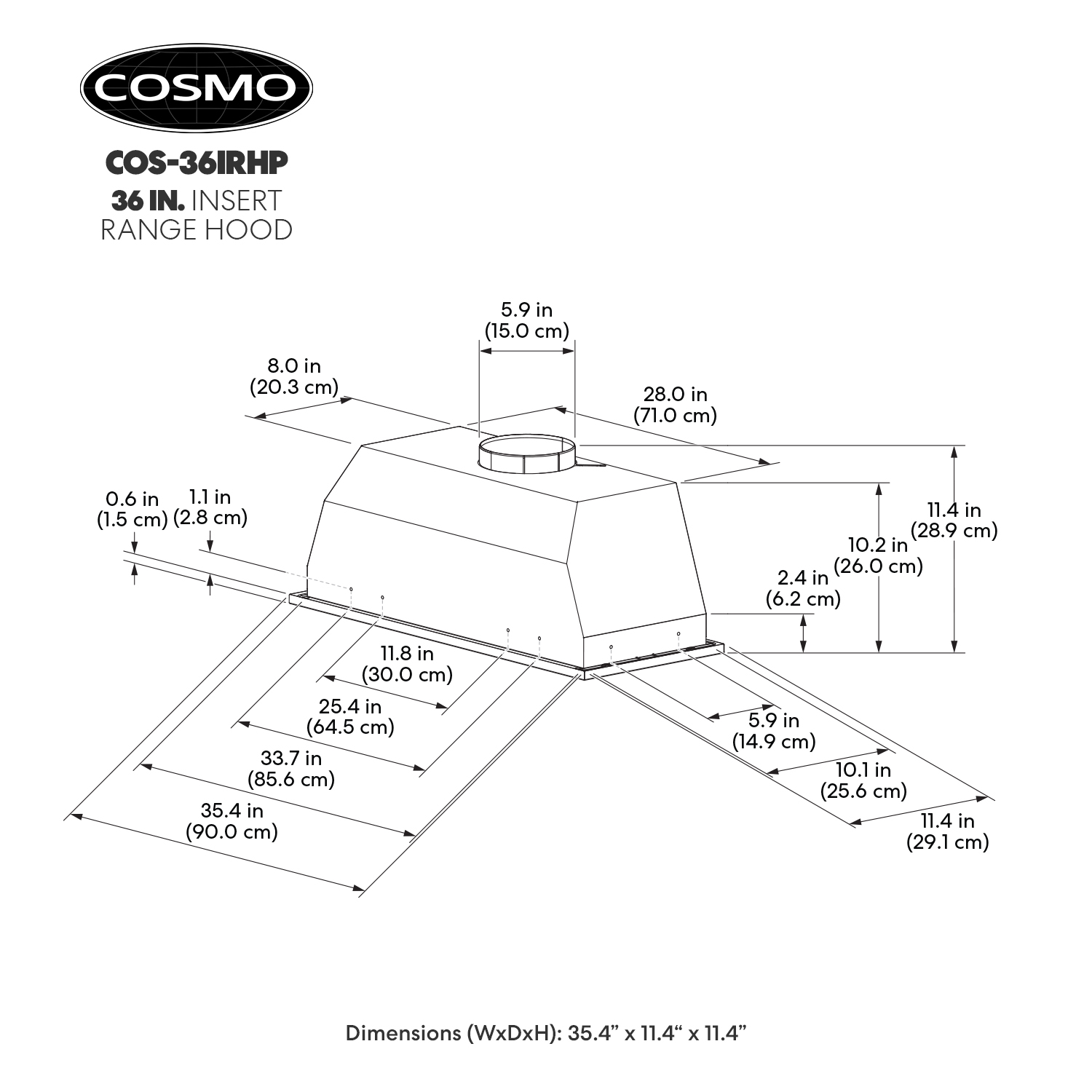 Cosmo 36 in. Insert Range Hood with Push Button Controls, 3-Speed Fan, LED Lights and Permanent Filters in Stainless Steel