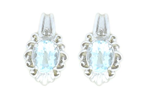 Elizabeth Jewelry 3 Ct Genuine Aquamarine & Diamond Oval Stud Earrings .925 Sterling Silver