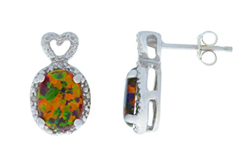 Elizabeth Jewelry 8x6mm Black Opal & Diamond Oval Heart Stud Earrings .925 Sterling Silver Rhod...