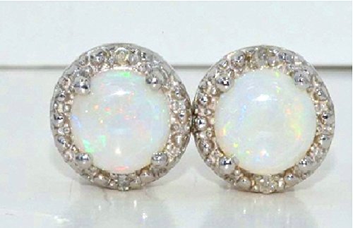 Elizabeth Jewelry 14Kt White Gold Genuine Opal & Diamond Round Stud Earrings