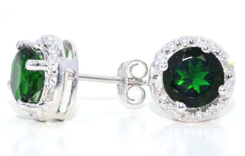 Elizabeth Jewelry 14Kt White Gold Emerald & Diamond Round Stud Earrings