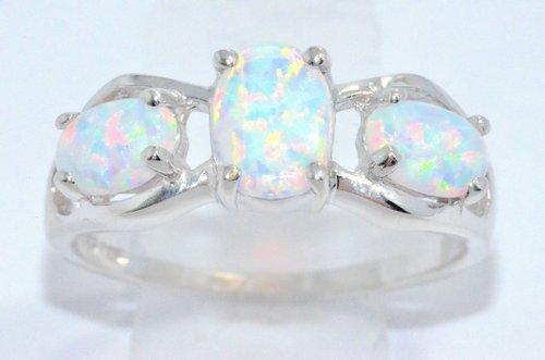 Elizabeth Jewelry Inc 3 Opal Oval Ring .925 Sterling Silver Rhodium Finish