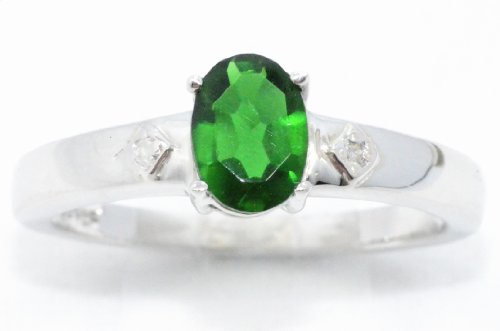 Elizabeth Jewelry Inc 1 Ct Created Emerald & Diamond Oval Ring .925 Sterling Silver Rhodium Finish