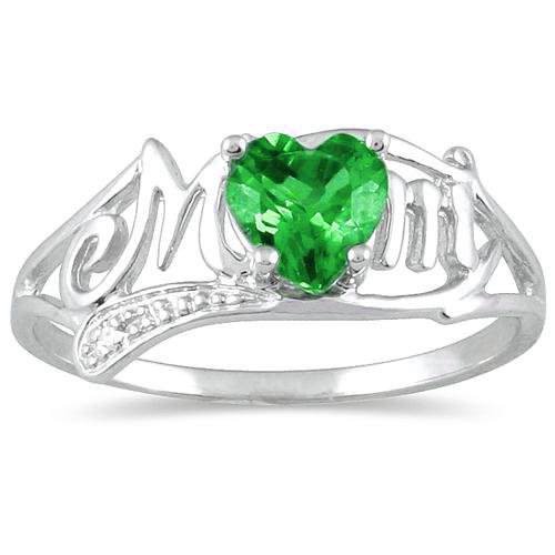 Elizabeth Jewelry Inc .50 Ct Created Emerald Heart & Diamond Mom Ring .925 Sterling Silver Rhodium Finish