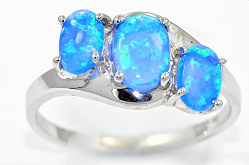 Elizabeth Jewelry Inc 6mm Blue Opal Oval Ring .925 Sterling Silver Rhodium Finish