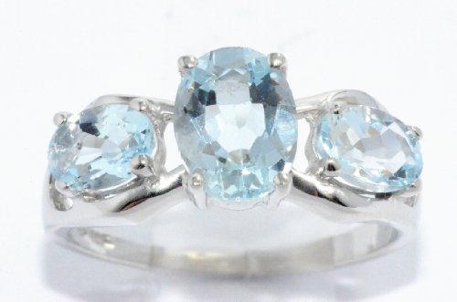 Elizabeth Jewelry Inc 2 Ct Genuine Aquamarine Oval Ring .925 Sterling Silver Rhodium Finish