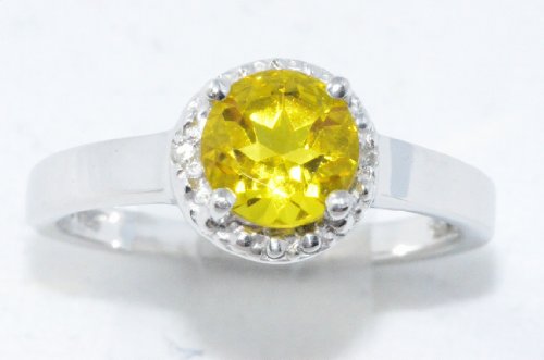 Elizabeth Jewelry Inc 1 Ct Yellow Citrine & Diamond Round Ring .925 Sterling Silver Rhodium Finish