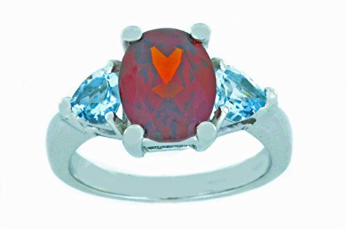 Elizabeth Jewelry Inc 4 Ct Garnet Oval & Genuine Aquamarine Heart Ring .925 Sterling Silver Rhodium Finish