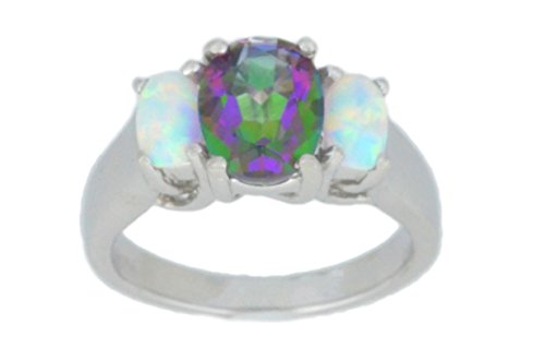 Elizabeth Jewelry Inc 2.5 Ct Mystic Topaz & Opal Oval Ring .925 Sterling Silver Rhodium Finish