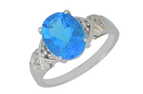 Elizabeth Jewelry Inc 3 Ct Swiss Blue Topaz & Diamond Oval Ring .925 Sterling Silver Rhodium Finish