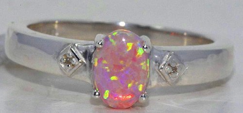 Elizabeth Jewelry Inc 7x5mm Pink Opal & Diamond Oval Ring .925 Sterling Silver Rhodium Finish
