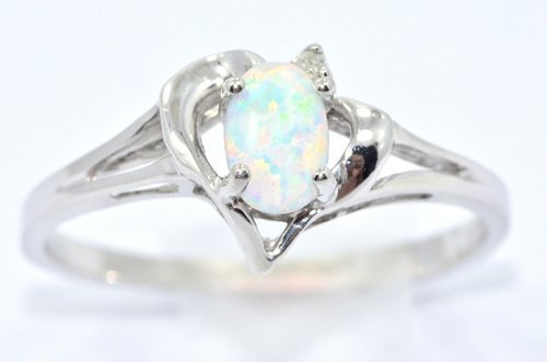 Elizabeth Jewelry Inc 6x4mm Opal & Diamond Oval Heart Ring .925 Sterling Silver Rhodium Finish