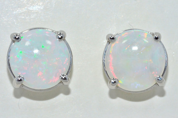 Elizabeth Jewelry 14Kt White Gold Genuine Opal Round Stud Earrings