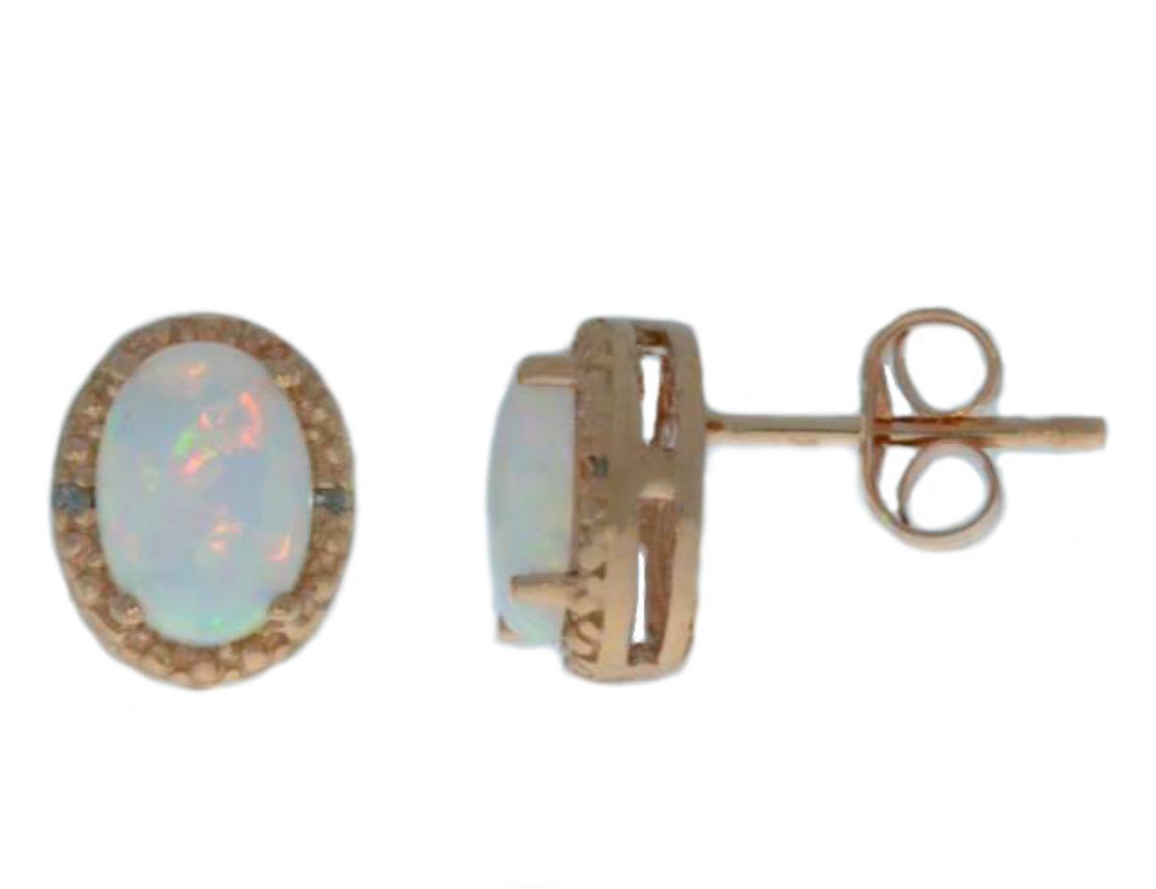 Elizabeth Jewelry 14Kt Rose Gold Genuine Opal & Diamond Oval Stud Earrings