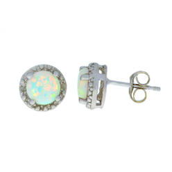 Elizabeth Jewelry Opal & Diamond Round Stud Earrings 14Kt White Gold & Sterling Silver