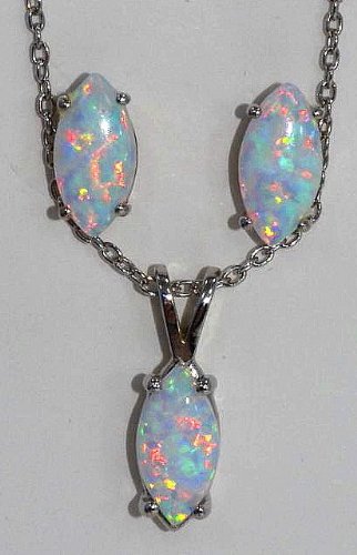 Elizabeth Jewelry Inc 10x5mm Opal Marquise Stud Earrings & Pendant .925 Sterling Silver Rhodium Finish