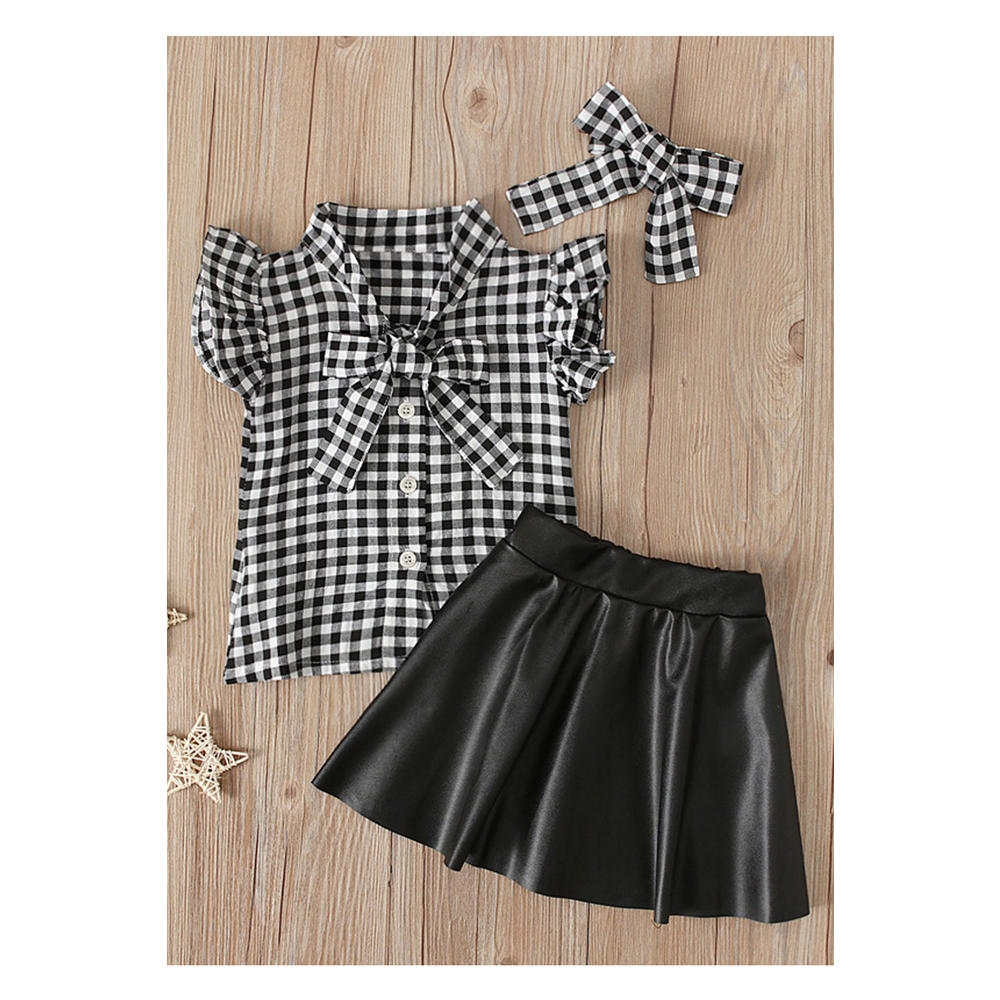 Ketty More Kids Girls New Summer Plaid Small Flying Sleeve Top+ black leather skirt Two-Piece Set